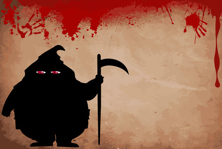 Executor silhouette with predatory screwed up red  eyes on bloody grunge background with space for text. Halloween vector  illustration, framework, template.のイラスト素材