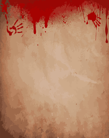 Old paper background with dripping blood, bloody hand prints and space for text. Vector illustration, border, template,のイラスト素材