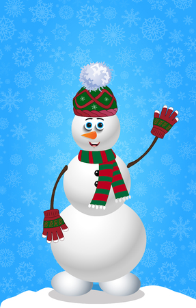 Cute cartoon snowman in knitted hat, mittens and striped scarf on blue snowy background template with space for text.のイラスト素材