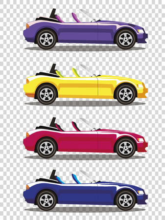 Set of modern cartoon colored cabriolet cars isolated on transparent background. Sports cars. Blue, yellow, red and violet cars. Vector illustration. Clip art. のイラスト素材