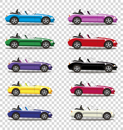 Set of modern cartoon colored cabriolet cars isolated on transparent background. Sports cars. Vector illustration. Clip art. のイラスト素材