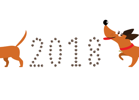 Dog, symbol of new year 2018. Cute cartoon dachshund dog following tail and number 2018 made of pawprints. Isolated dachshund logo, badger dog icon, element for new year of dog 2018 design. Vector.のイラスト素材