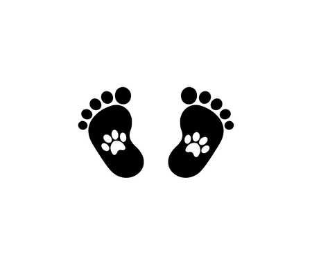 Animal pawprints inside of baby footprints. Black and white vector illustration, logo, icon.のイラスト素材