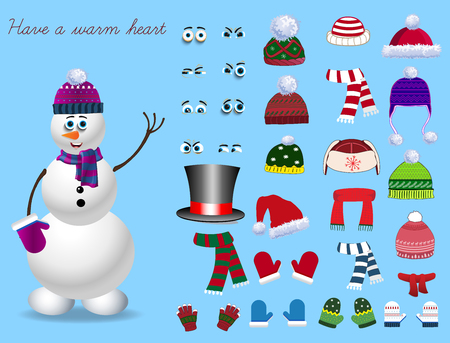 Christmas and new year set for creating snowman. Eyes, emotions, hats, scarves, mittens. Cute winter clothes for snowman. Vector illustration, templateのイラスト素材