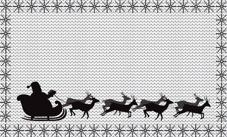 Black silhouette of Santa Claus flying in a sleigh with eight reindeer on white  knitted background framed with snowflakes. Christmas and New Year vector illustration, template with space for text.のイラスト素材