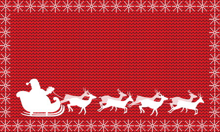 White silhouette of Santa Claus riding in a sleigh with eight reindeer on red fabric knitted background framed with snowflakes. Christmas and New Year vector illustration, template with space for textのイラスト素材