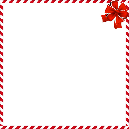 Christmas or new year frame with red and white striped lollipop pattern and red festive bow in the corner. Festive border. Vector illustration. template with space for text.のイラスト素材