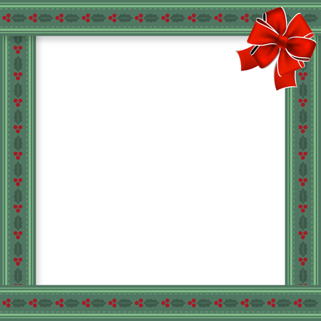Christmas or new year frame with berries and leaves ornament decorated with red bow in the corner. Vector illustration, border, template with space for text for design.のイラスト素材