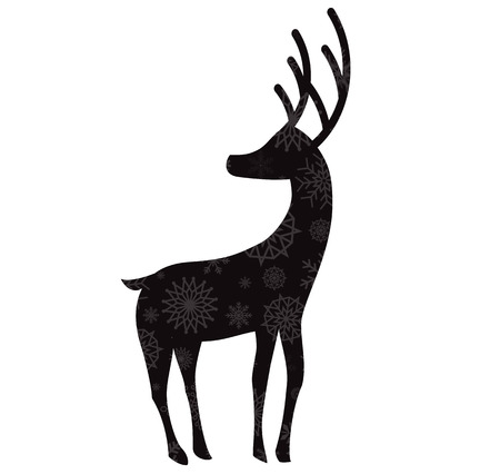 Black silhouette of reindeer with snow flakes pattern isolated on white background. Vector illustration, icon, sign, symbol of deer. のイラスト素材