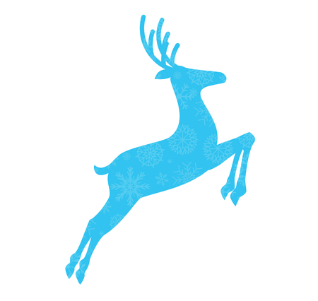 Blue silhouette of jumping reindeer with snow flakes pattern isolated on white background. Vector illustration, icon, sign, symbol of deer for design. のイラスト素材