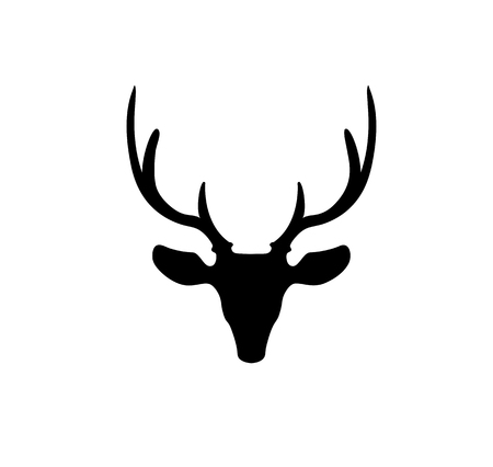 Black silhouette of reindeer head with big horns isolated on white background. Vector illustration, icon, sign, symbol of deer. のイラスト素材