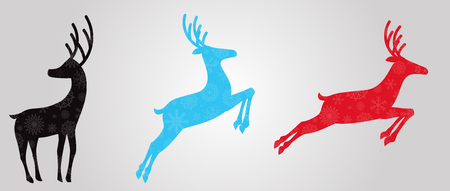 Black, blue and red silhouettes of reindeers  with snowflakes pattern isolated on white background. Vector illustration, icons, clip art, symbols of deer.のイラスト素材