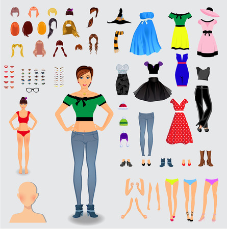 Big set for creation unique woman character. Full body, legs, arms,face, eyes, eyebrows, hairstyle, lips, clothes, shoes, accessories isolated on white background. Vector illustration, clip art.のイラスト素材