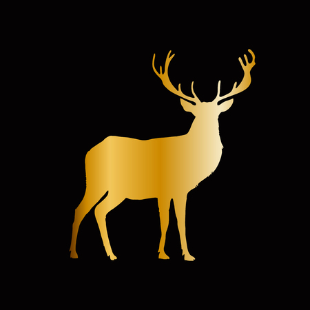 Gold silhouette of reindeer with big horns isolated on black background. Vector illustration, icon, clip art, sign, symbol of deer for design. のイラスト素材