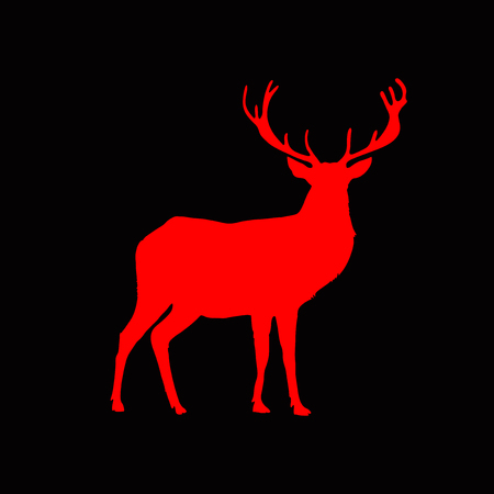 Red silhouette of reindeer with big horns isolated on black background. Vector illustration, icon, clip art, sign, symbol of deer for design.  のイラスト素材