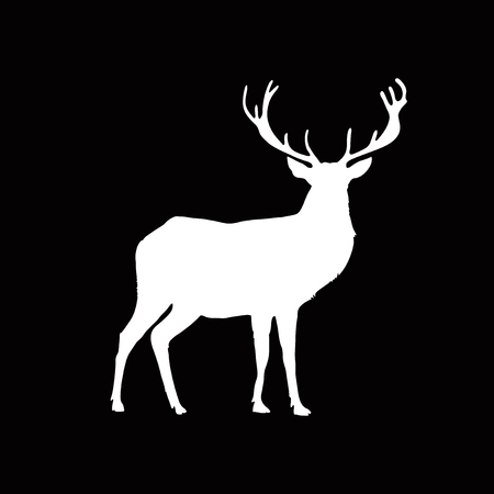 White silhouette of reindeer with big horns isolated on black background. Vector illustration, icon, sign, symbol of deer. のイラスト素材