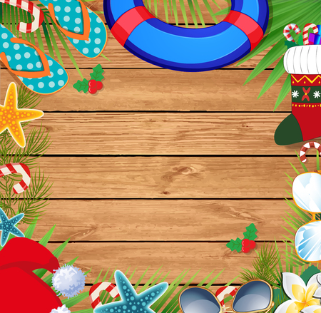 Merry christmas and happy new year border on a warm climate design background. Summer vacation accessories and palm leaves with santa hat, on wooden background. Christmas beach border with copy space.の写真素材