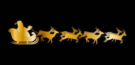 Vector illustration of Santa ridinf in a sleigh with reindeer. Golden silhouette of Santa flying  in sleigh Isolated on black background. Design for Christmas and New Year greeting cards.のイラスト素材