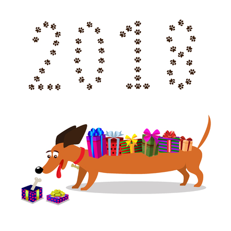 Cute dachshund with gifts on back watching on gift box with bone inside and number 2018 made of paw prints upon isolated on white background. Vector illustration, clip art, symbol of 2018 new year.のイラスト素材