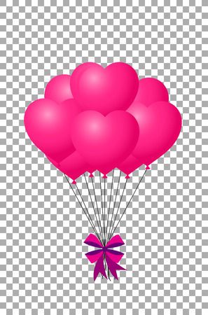 3d realistic bunch of pink birthday or valentines balloons with ribbon flying for party and celebrations with space for text Isolated on transparent background. Vector Illustration, clip art.のイラスト素材