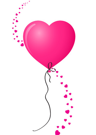 Vibrant pink realistic heart shaped helium balloon with vertical wave made of many red different-sized hearts isolated on white background. Vector illustration, clip art, element for design.のイラスト素材