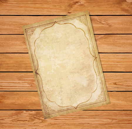 Old grungy papyrus with curly oriental ornamental frame on rustic wooden background. Worn template for mail, aged letter paper with space for text or image. Vector illustration, border, template.のイラスト素材