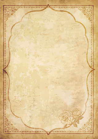 Old grungy vintage paper blank with curly oriental frame ornament and lovely rose flower in the corner. Worn template for mail, aged letter paper with space for text or image. Vector illustration.のイラスト素材