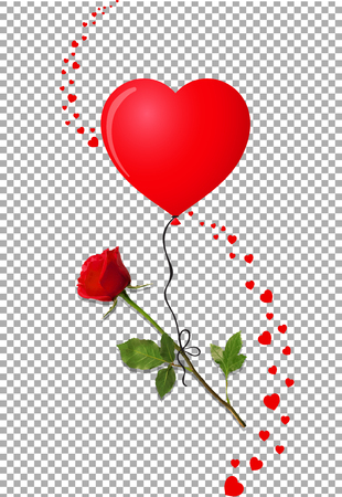Flower of red rose flying on red heart shaped helium balloon and confetti hearts around isolated on transparent background. Vector illustration, clip art, element for love, wedding, dating designのイラスト素材