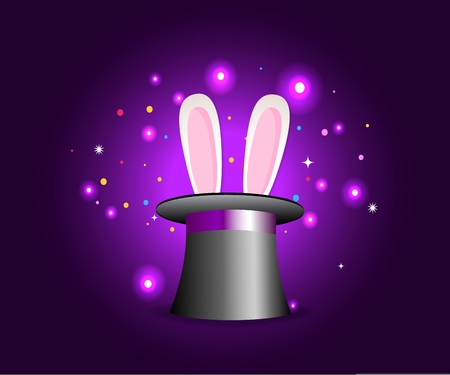Magic hat with rabbit ears on violet mysterious background with sparkling lights.のイラスト素材