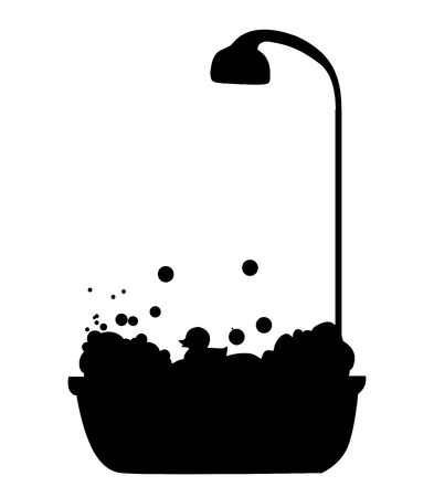 Black silhouette of bathtub with shower head full of bubble foam and bath rubber duck icon isolated on white background. Bath time vector illustration, icon, clip art for design.のイラスト素材