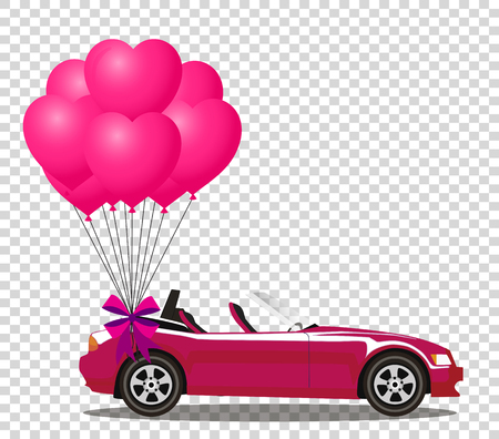 Pink modern opened cartoon car with bunch of rose and heart shaped balloons vector illustrationのイラスト素材