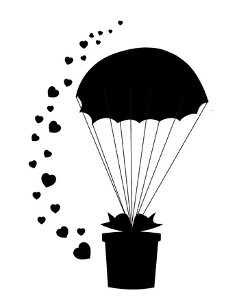 Black silhouette of gift wrapped with ribbon falling down with parachute and many hearts around vector illustrationのイラスト素材