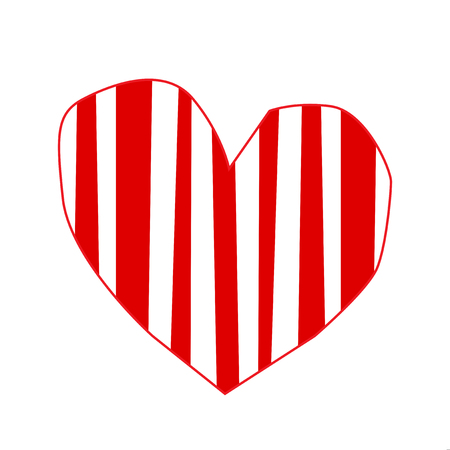 Cute big red hand drawn heart sticker with striped pattern isolated on white background. Valentine's day, or love wedding clip art, element or detail for scrapbook or greeting card design.のイラスト素材