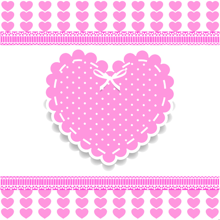 Valentine's, love wedding or baby girl shower template with lacing, bow and polka dots print on white striped hearts background with lace vector border, frame.のイラスト素材
