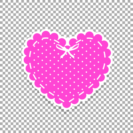 Pink and white paper cut lacing heart sticker with ribbon and polka dots pattern isolated on transparent. Stamp for baby girl, Valentine's day or wedding scrapbook design vector illustration, clip art.のイラスト素材