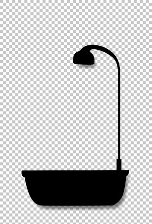 Black silhouette of bathtub with shower head icon isolated on transparent background. Bath time vector illustration, icon, clip art for design.のイラスト素材