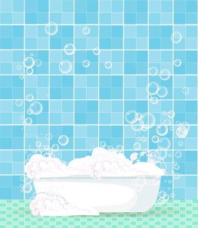 Cute cartoon template with bathroom interior, bathtub full of foam, floating soap bubbles and copy space on blue tiled background. Comfortable equipment for bathing and relaxing vector illustration.のイラスト素材