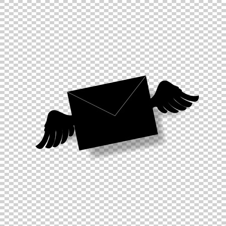 Black silhouette of closed envelope with wings. Flying letter sign isolated on transparent background. Symbol for social media, dating applications and chats vector illustration, icon, clip art, sign.のイラスト素材
