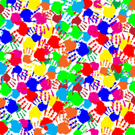 Vibrant abstract colorful slapped background with multicolored human's handprints on white backdrop. Vector festive fingerprint square template, poster, banner, mockup for design.のイラスト素材