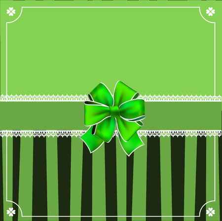 Saint Patricks Day elegant template with clover lace, wrapped with festive bow  space for text on green and black striped background. Vector border, frame for greeting card, invitation, menu, flyerのイラスト素材