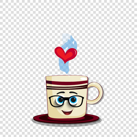 Cute cartoon coffee mug character with striped print, funny face, glasses and heart in steam isolated on transparent background, Vector illustration.のイラスト素材