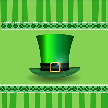 Saint Patrick's Day elegant card with shamrocks lace and leprechaun top hat cylinder on green background with stripes. Vector illustration.のイラスト素材