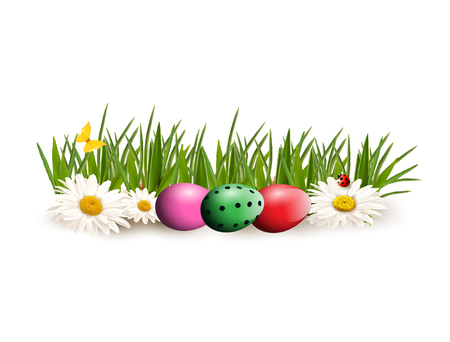Isolated illustration of easter eggs on grass ground with flowers.のイラスト素材