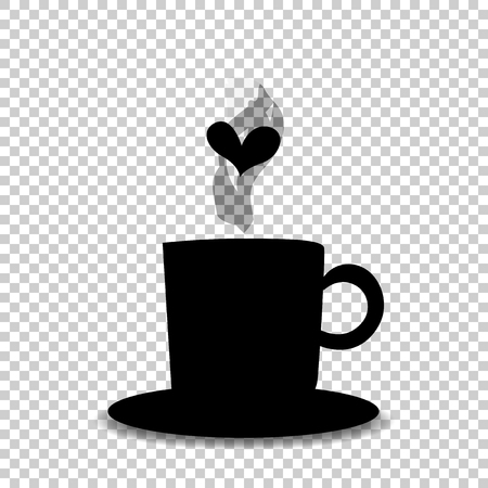 Black silhouette of tea or coffee cup with steam and heart isolated on transparent background. Vector illustration, icon, sign, symbol of mug for card, invitation, menu, restaurant design.のイラスト素材