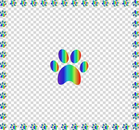 Rainbow animal s pawprint sign bordered with multicolored paw prints track square frame work isolated on transparent background. Vector illustration, icon, symbol, logo, clip art, banner, poster.のイラスト素材