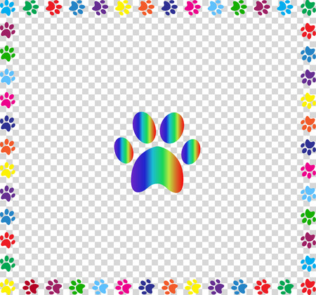 Rainbow animal paw print sign framed with multicolored paw prints track square border isolated on transparent background. Vector illustration, icon, symbol, logo, clip art. のイラスト素材