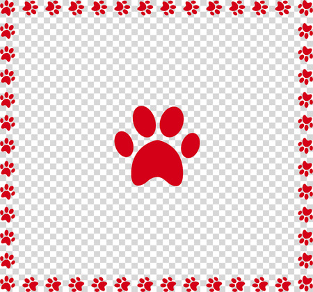 Red animals pawprint icon framed with paw prints square border isolated on transparent  background. Vector illustration, sign, symbol, icon, clip art, banner, poster.のイラスト素材