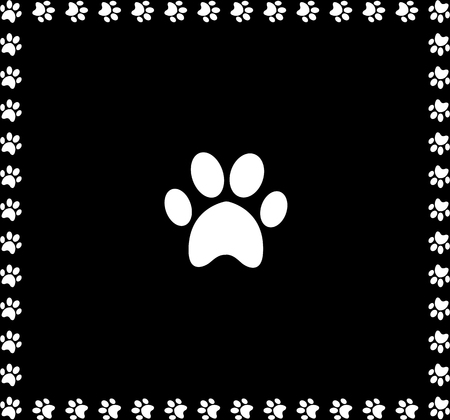 White animal pawprint icon framed with paw prints square border isolated on black  background. Vector illustration, sign, symbol, logo, clip art, banner, poster.のイラスト素材