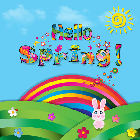 Hello spring vector cartoon colorful paper illustration of cute pink rabbit sitting on beautiful field with sun, flowers, birds and rainbow on on blue cloudy sky background with festive letteringの写真素材