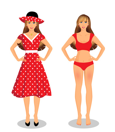 Vector people set collection with beautiful young woman cartoon character in different wardrobe clothes girl in red underwear bikini and girl wearing red dress and hat isolated on white background.のイラスト素材